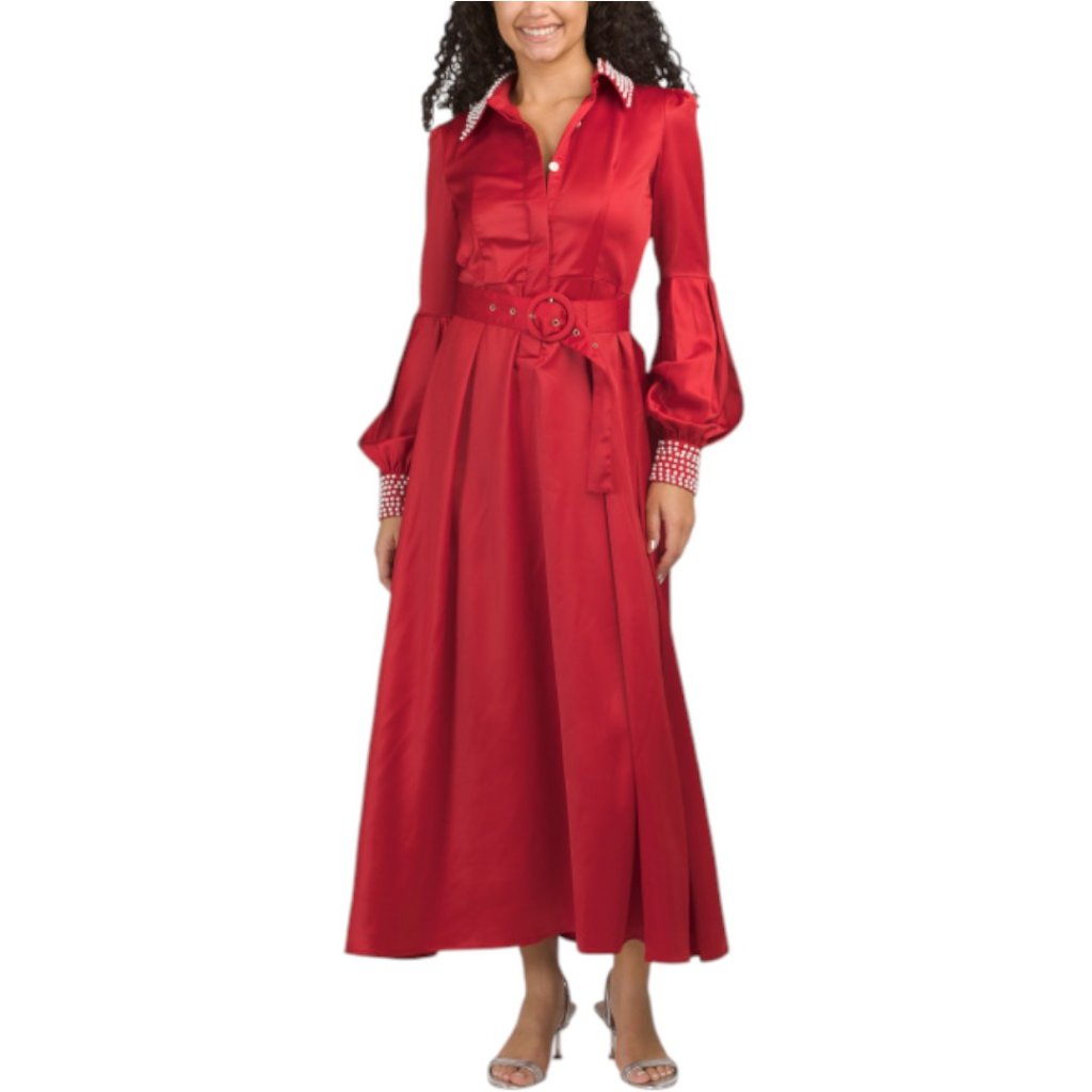 Dalia Macphee Balloon Sleeve Satin Finish Maxi Shirt Dress
